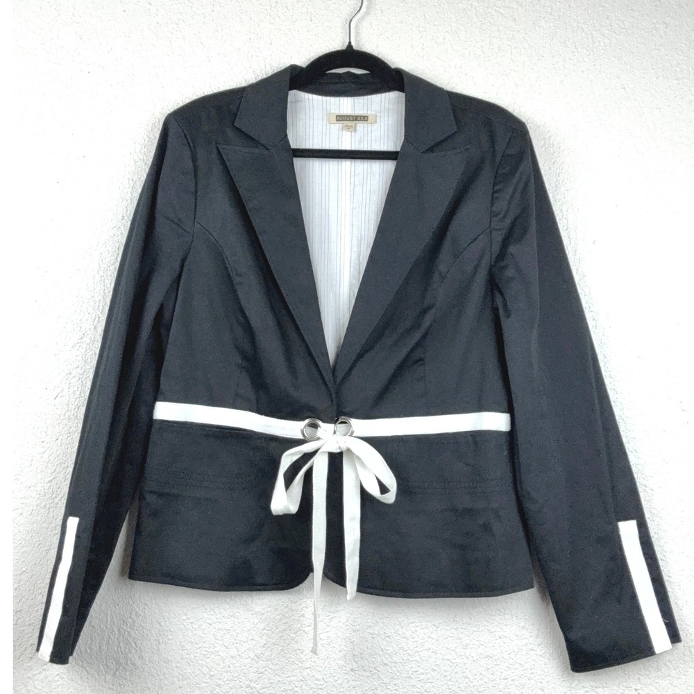 Vintage August Silk Black Blazer - 14 - Ribbon Tie Waist Preppy Office Chic